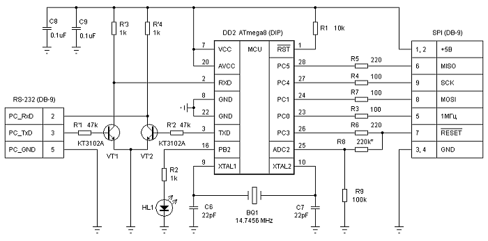 Принципиальная схема внутрисхемного USB программатора микроконтроллеров AVR