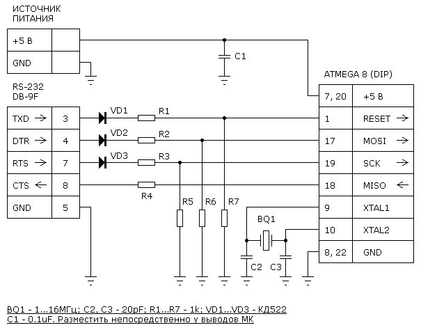 Принципиальная схема адаптера к USB-COM преобразователю для программирования микроконтроллера ATmega8